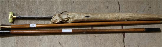 2 walking sticks & ceramic handled umbrella